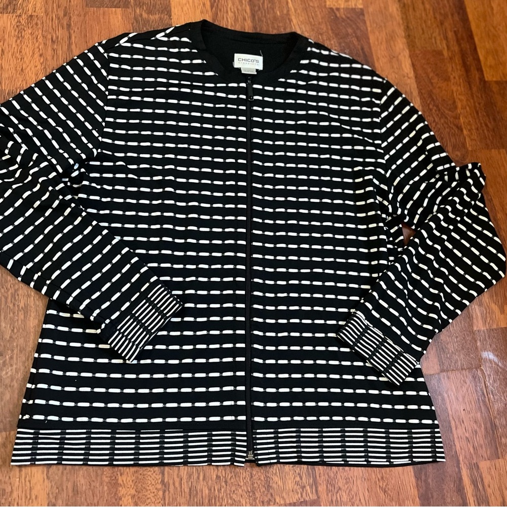 Chicos Travelers Womens Jacket Stretch Zip Long Sleeve Black/White Size large